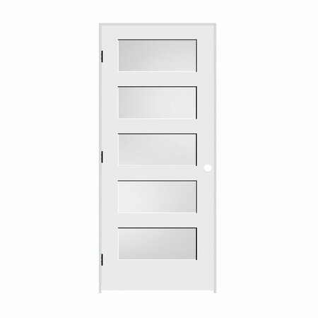 CODEL DOORS 36"x80"x1-3/8" Primed 5-Panel Equal Panel w/White Lami Glass Interior Shaker 4-9/16" RH Prehung Door 3068pri8405GLRH10B4916